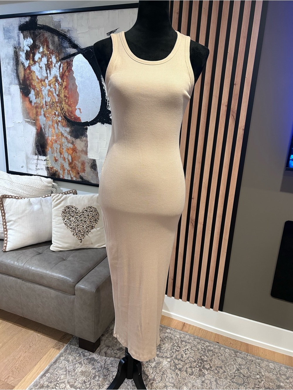 Sleeveless Ribbed Tank Maxi Dress in Beige